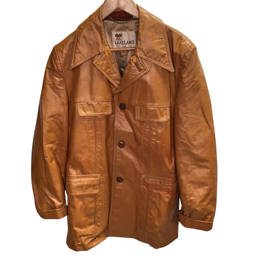 Vintage Lakeland Men's Brown Leather Jacket‎ 40 Retro 70's 80's Carmel Rare